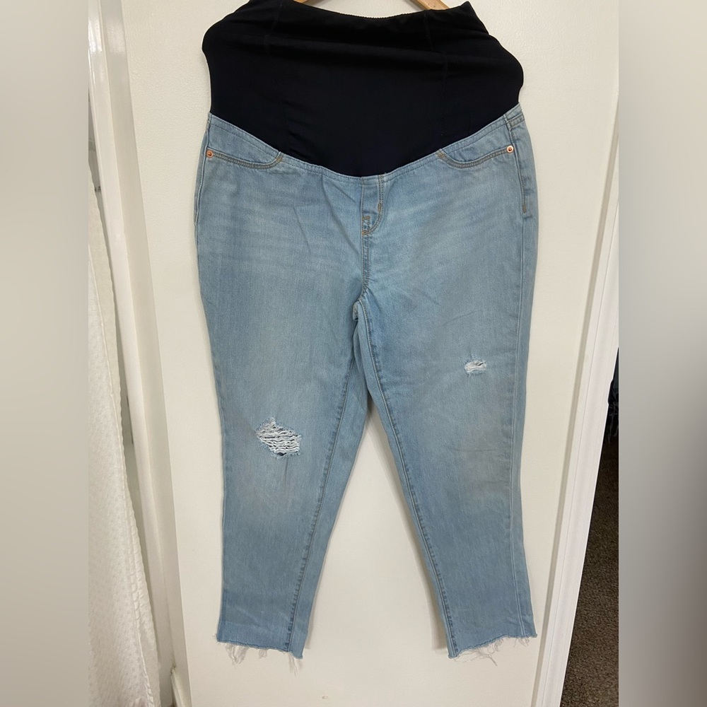 Maternity Light Blue Distressed Jeans with Black Waist Panel